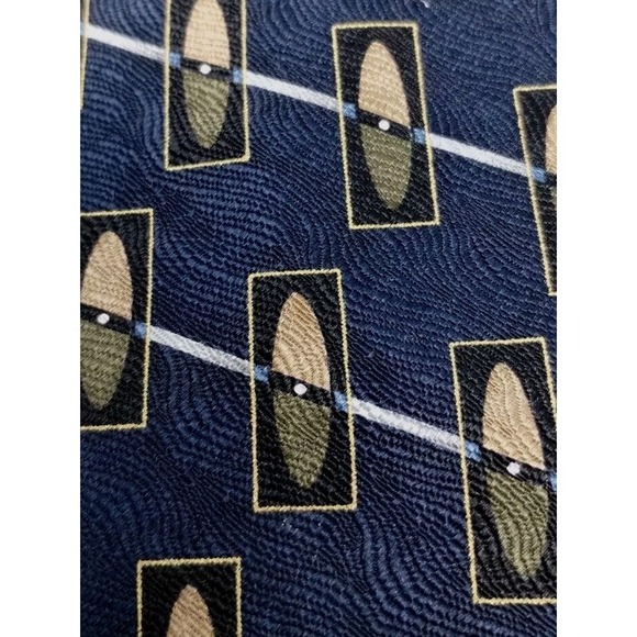 Milano Uomo Repp Tie Silk‎ Deep Blue Tan Green Wave Background Power Suit Money - Picture 1 of 7